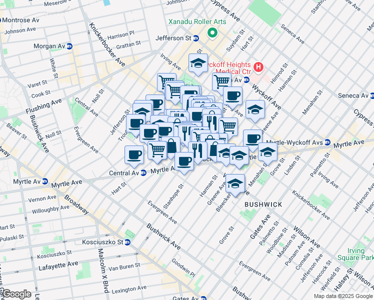 map of restaurants, bars, coffee shops, grocery stores, and more near 161 Stockholm Street in Brooklyn