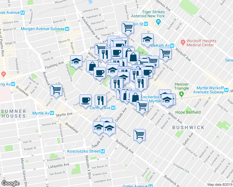 map of restaurants, bars, coffee shops, grocery stores, and more near 1039 Willoughby Avenue in Brooklyn