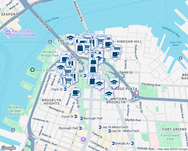 map of restaurants, bars, coffee shops, grocery stores, and more near 40 Sands Street in Brooklyn
