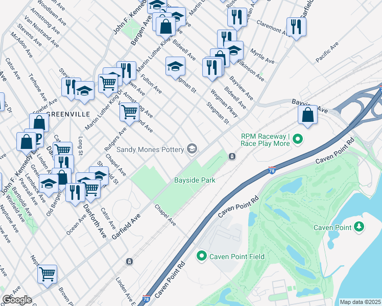 map of restaurants, bars, coffee shops, grocery stores, and more near 13 Woodlawn Avenue in Jersey City