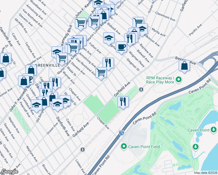 map of restaurants, bars, coffee shops, grocery stores, and more near 42-46 Van Nostrand Avenue in Jersey City