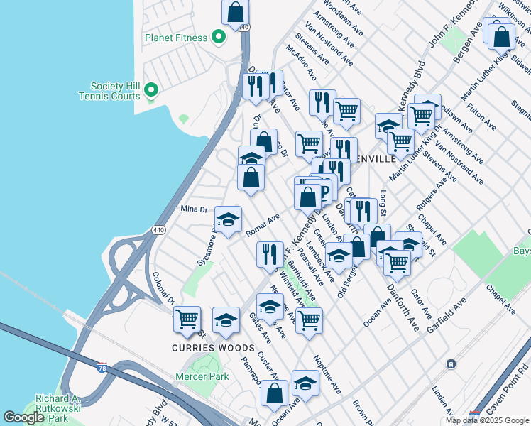 map of restaurants, bars, coffee shops, grocery stores, and more near 210 Bartholdi Avenue in Jersey City