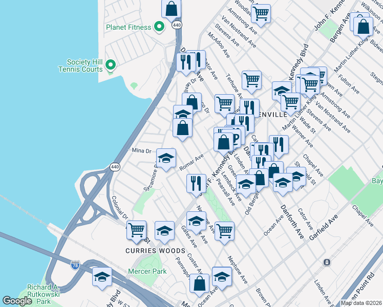 map of restaurants, bars, coffee shops, grocery stores, and more near 210 Bartholdi Avenue in Jersey City