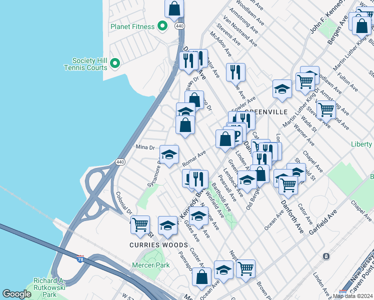 map of restaurants, bars, coffee shops, grocery stores, and more near 210 Bartholdi Avenue in Jersey City