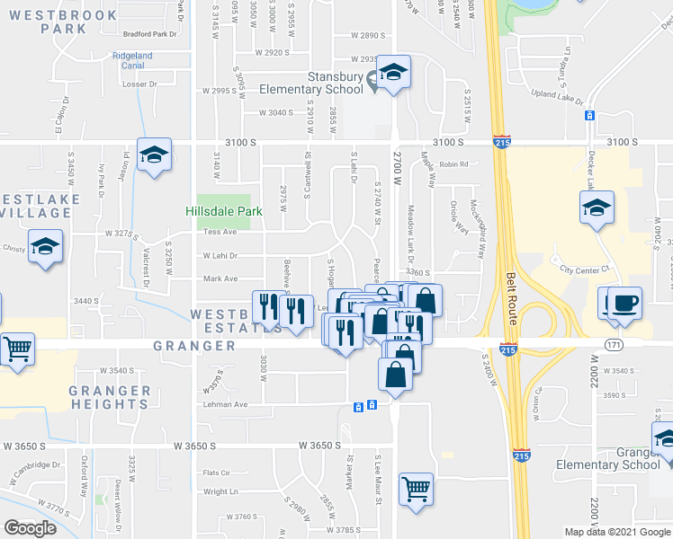 map of restaurants, bars, coffee shops, grocery stores, and more near 3355 South Hogan Street in West Valley City
