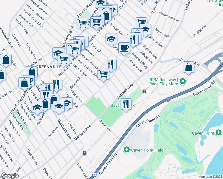 map of restaurants, bars, coffee shops, grocery stores, and more near 42-46 Van Nostrand Avenue in Jersey City