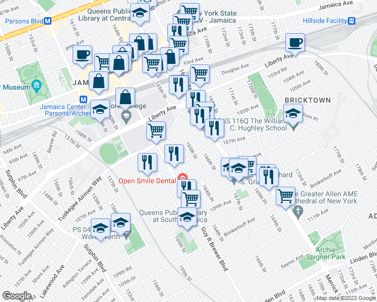 map of restaurants, bars, coffee shops, grocery stores, and more near 104-33 164th Place in Queens
