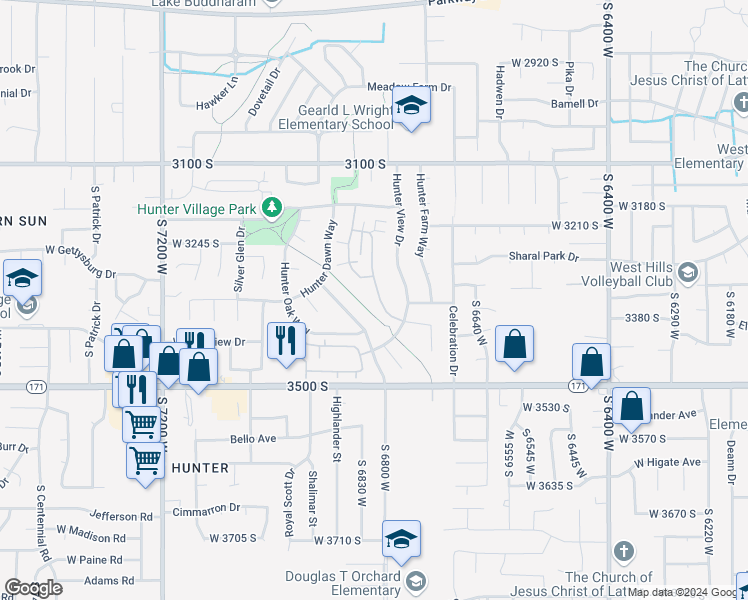 map of restaurants, bars, coffee shops, grocery stores, and more near 3344 Abbey Glen Way in West Valley City
