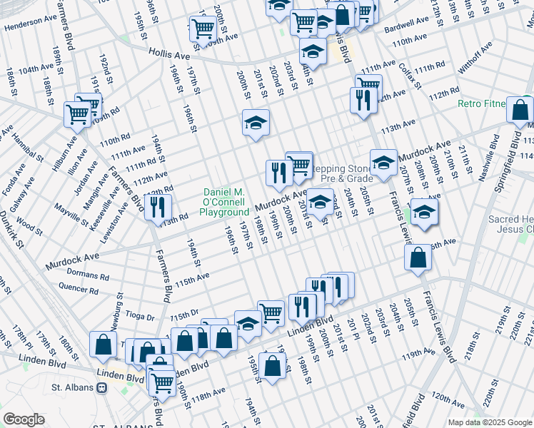 map of restaurants, bars, coffee shops, grocery stores, and more near 114-12 199th Street in Queens