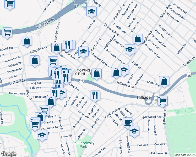 map of restaurants, bars, coffee shops, grocery stores, and more near 244 Hillside Avenue in Hillside
