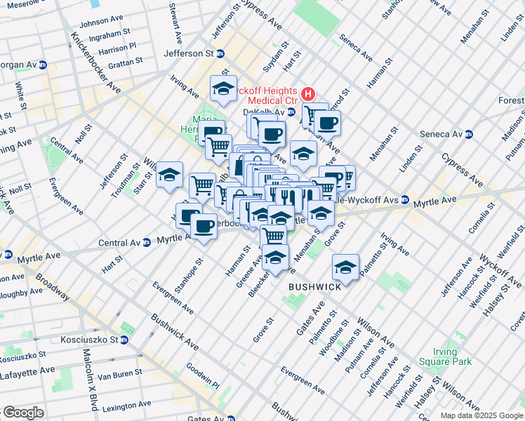 map of restaurants, bars, coffee shops, grocery stores, and more near 220 Himrod Street in Brooklyn