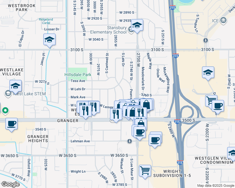 map of restaurants, bars, coffee shops, grocery stores, and more near 3355 South Hogan Street in West Valley City