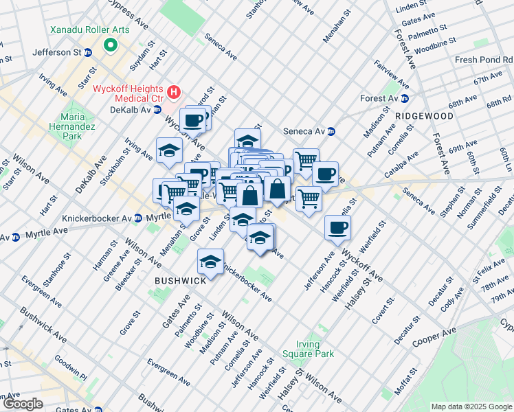 map of restaurants, bars, coffee shops, grocery stores, and more near 1550 Gates Avenue in Brooklyn
