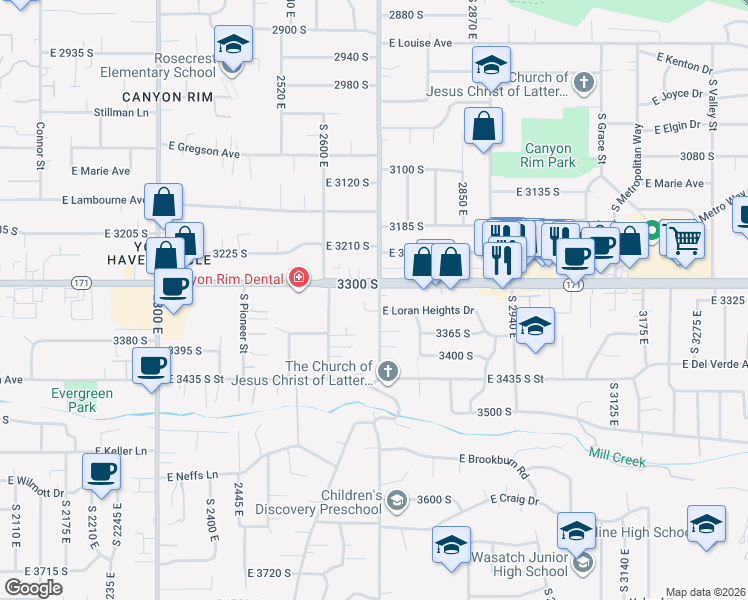 map of restaurants, bars, coffee shops, grocery stores, and more near 2730 3300 South in Salt Lake City