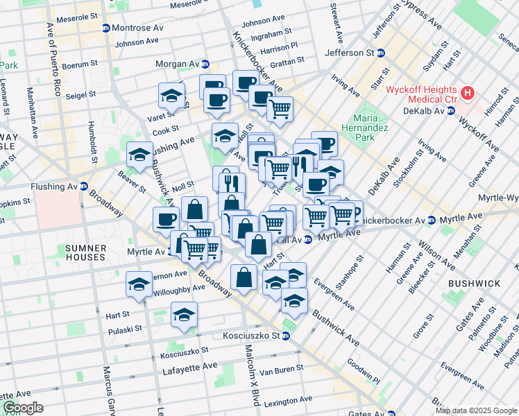 map of restaurants, bars, coffee shops, grocery stores, and more near 120 Jefferson Street in Brooklyn
