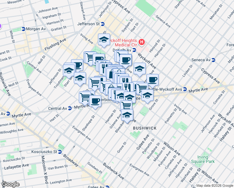 map of restaurants, bars, coffee shops, grocery stores, and more near 215 Himrod Street in Brooklyn