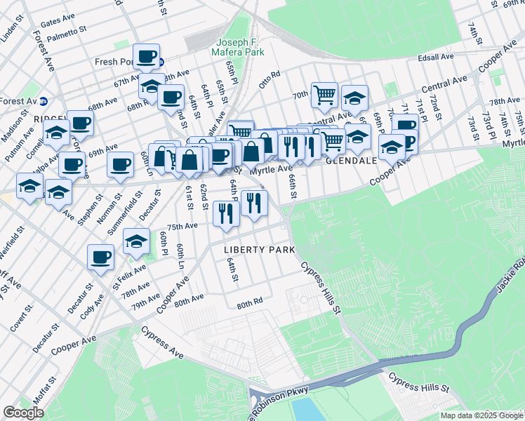 map of restaurants, bars, coffee shops, grocery stores, and more near 74-33 64th Lane in Queens