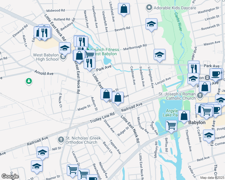 map of restaurants, bars, coffee shops, grocery stores, and more near 29 Pine Street in Babylon