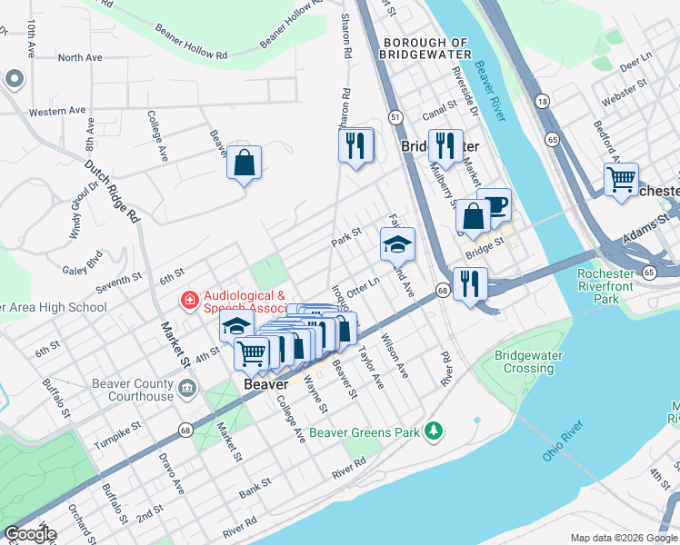 map of restaurants, bars, coffee shops, grocery stores, and more near 300 4th Street in Beaver