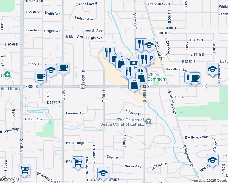 map of restaurants, bars, coffee shops, grocery stores, and more near 1134 East 3300 South in Millcreek