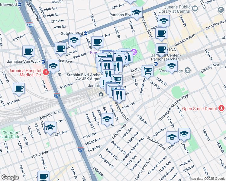 map of restaurants, bars, coffee shops, grocery stores, and more near 147-37 94th Avenue in Queens