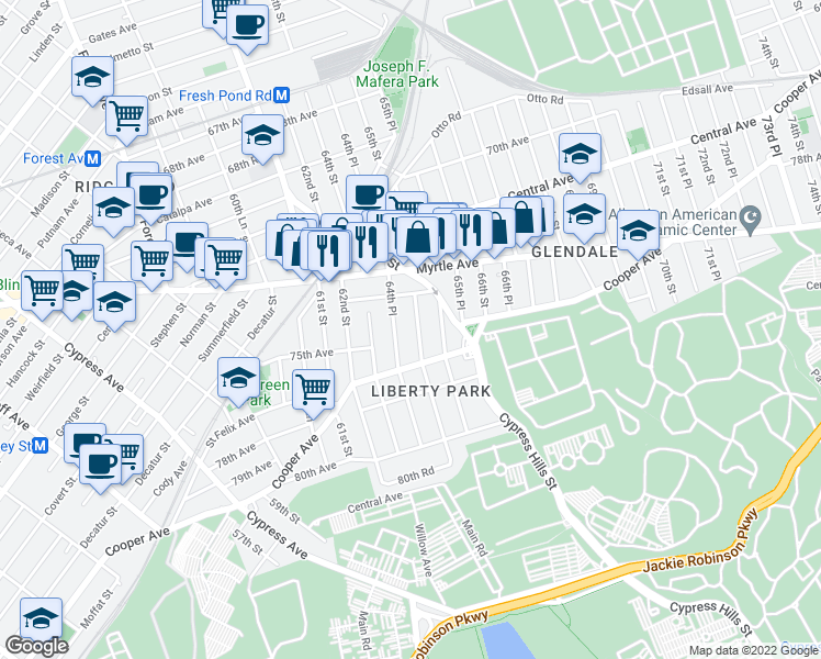 map of restaurants, bars, coffee shops, grocery stores, and more near 74-36 64th Lane in Queens