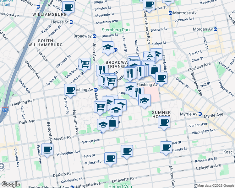 map of restaurants, bars, coffee shops, grocery stores, and more near Tompkins Ave & Hopkins St in Brooklyn