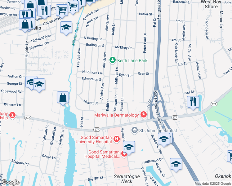 map of restaurants, bars, coffee shops, grocery stores, and more near 534 Milligan Lane in West Islip
