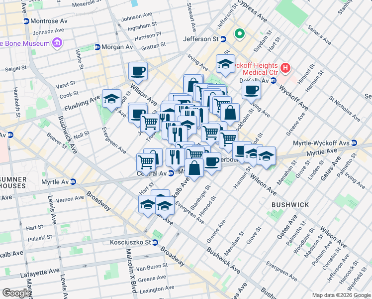 map of restaurants, bars, coffee shops, grocery stores, and more near 172 Suydam Street in Brooklyn