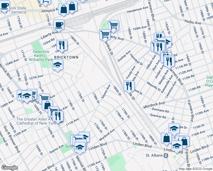 map of restaurants, bars, coffee shops, grocery stores, and more near 110-11 Brinkerhoff Avenue in Queens