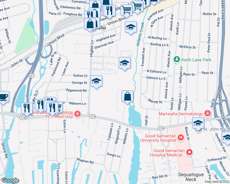 map of restaurants, bars, coffee shops, grocery stores, and more near 24 Larkspur Drive in West Islip