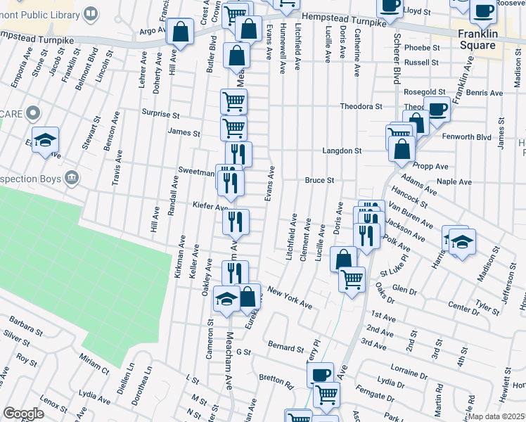 map of restaurants, bars, coffee shops, grocery stores, and more near 316 Evans Avenue in Elmont