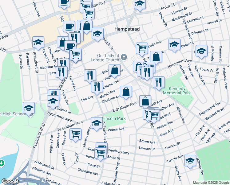 map of restaurants, bars, coffee shops, grocery stores, and more near 86 Marvin Avenue in Hempstead
