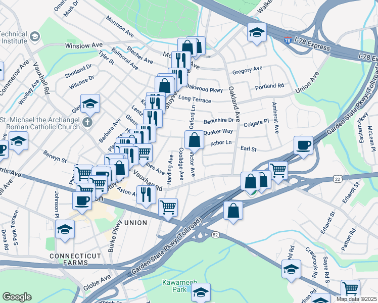 map of restaurants, bars, coffee shops, grocery stores, and more near 1254 Victor Avenue in Union