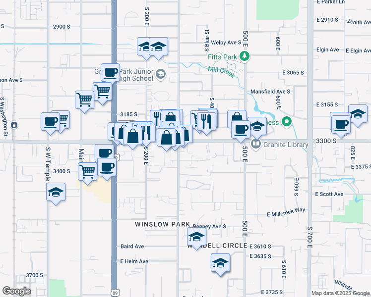 map of restaurants, bars, coffee shops, grocery stores, and more near 324 East 3300 South in South Salt Lake