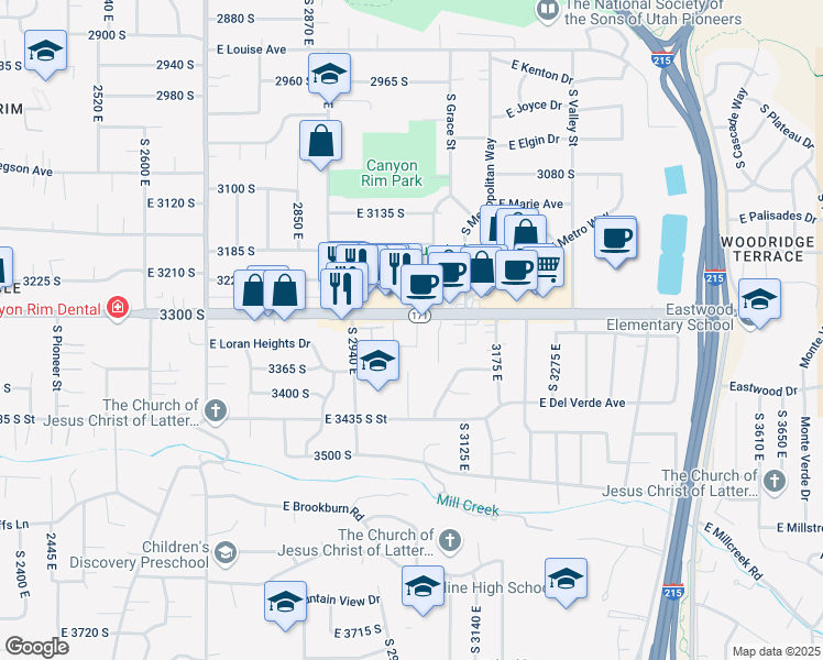 map of restaurants, bars, coffee shops, grocery stores, and more near 3316 South 3040 East in Salt Lake City