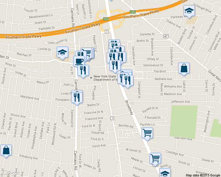 map of restaurants, bars, coffee shops, grocery stores, and more near 807 County Line Rd in Amityville