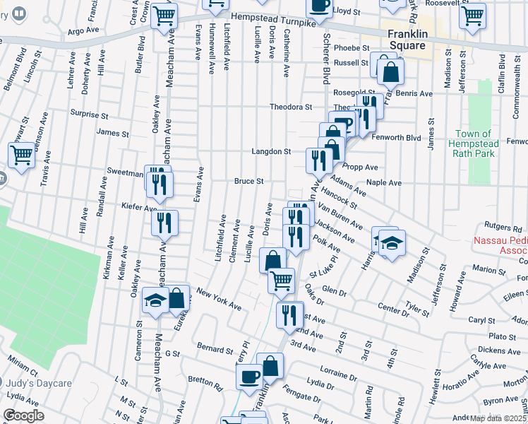 map of restaurants, bars, coffee shops, grocery stores, and more near 334 Doris Avenue in Franklin Square