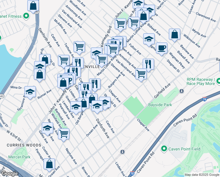 map of restaurants, bars, coffee shops, grocery stores, and more near 64 Rutgers Avenue in Jersey City