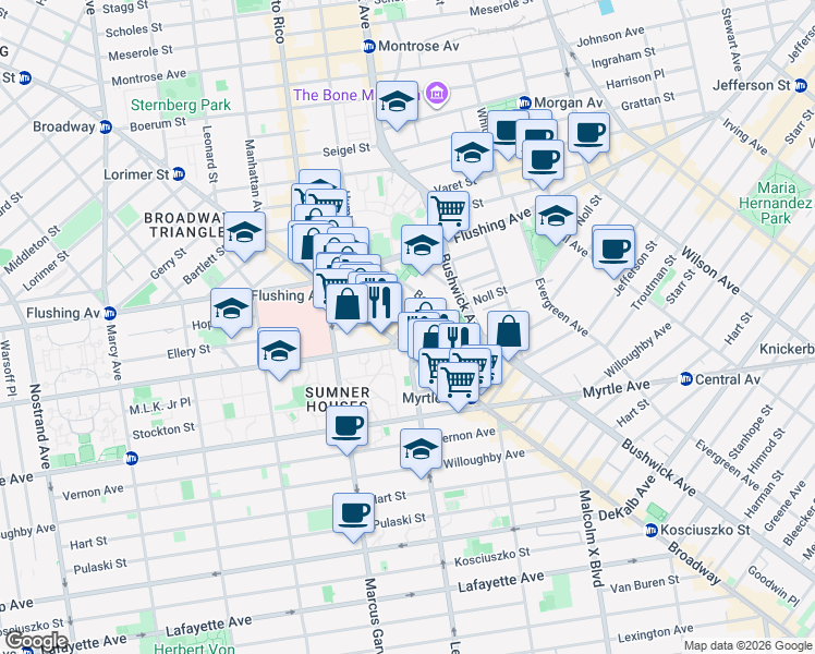 map of restaurants, bars, coffee shops, grocery stores, and more near 24 Park Street in Brooklyn