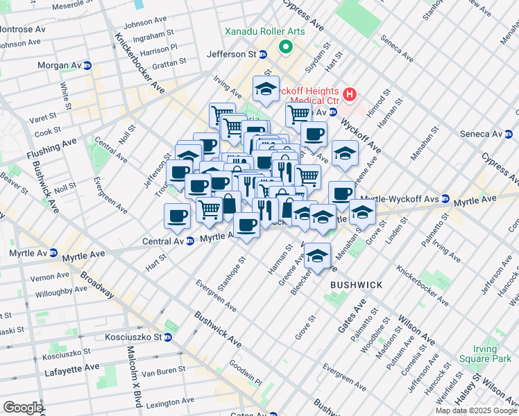 map of restaurants, bars, coffee shops, grocery stores, and more near in Brooklyn