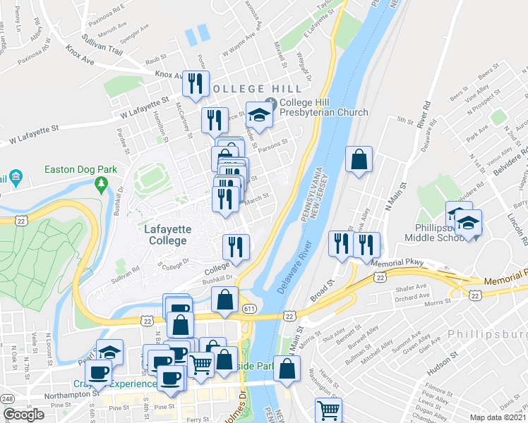map of restaurants, bars, coffee shops, grocery stores, and more near 329 Clinton Terrace in Easton