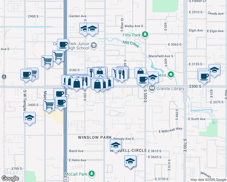 map of restaurants, bars, coffee shops, grocery stores, and more near 324 East 3300 South in South Salt Lake
