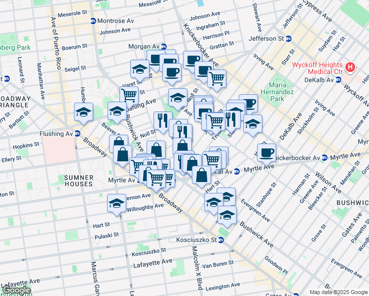 map of restaurants, bars, coffee shops, grocery stores, and more near 95 Jefferson Street in Brooklyn