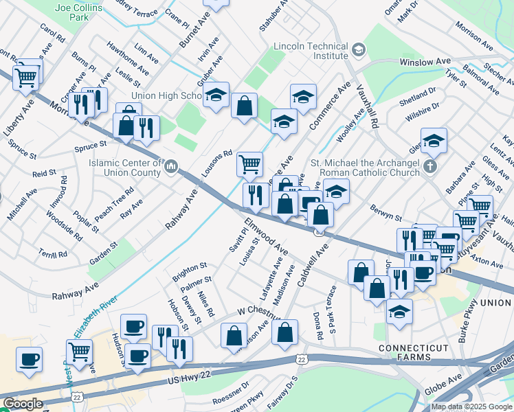 map of restaurants, bars, coffee shops, grocery stores, and more near 2265 Morris Avenue in Union