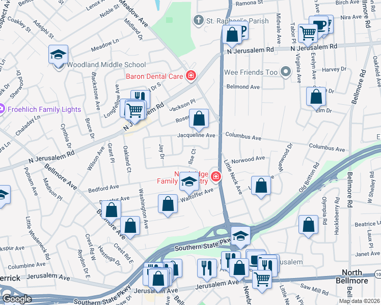 map of restaurants, bars, coffee shops, grocery stores, and more near 909 Ilse Court in North Bellmore