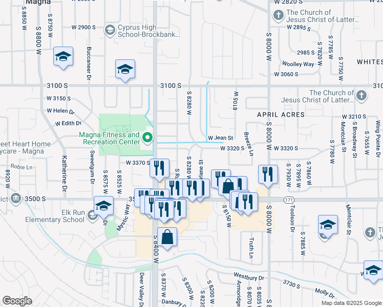 map of restaurants, bars, coffee shops, grocery stores, and more near 3333 South 8280 West in Magna