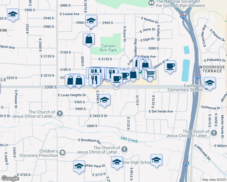 map of restaurants, bars, coffee shops, grocery stores, and more near 3316 South 3040 East in Salt Lake City