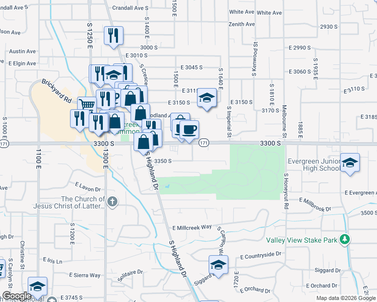 map of restaurants, bars, coffee shops, grocery stores, and more near 1550 3300 South in Salt Lake City