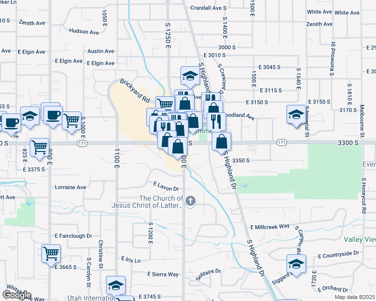 map of restaurants, bars, coffee shops, grocery stores, and more near 1320 East 3300 South in Millcreek